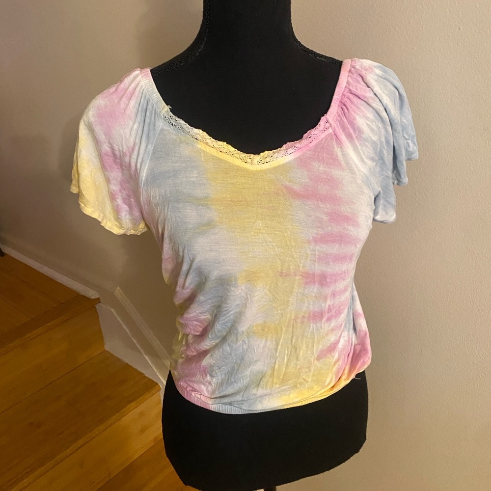 Wallflower Pastel Tie-Dye Scoop Neck Top — Pink, Blue & Yellow